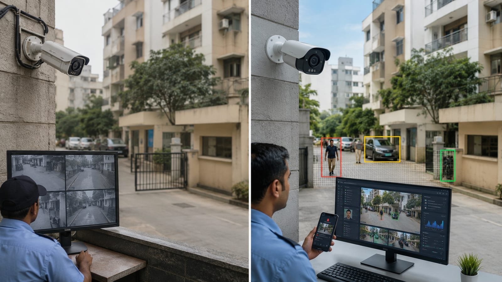 Split-screen comparison of a traditional CCTV monitor and an AI CCTV system with smart object detection