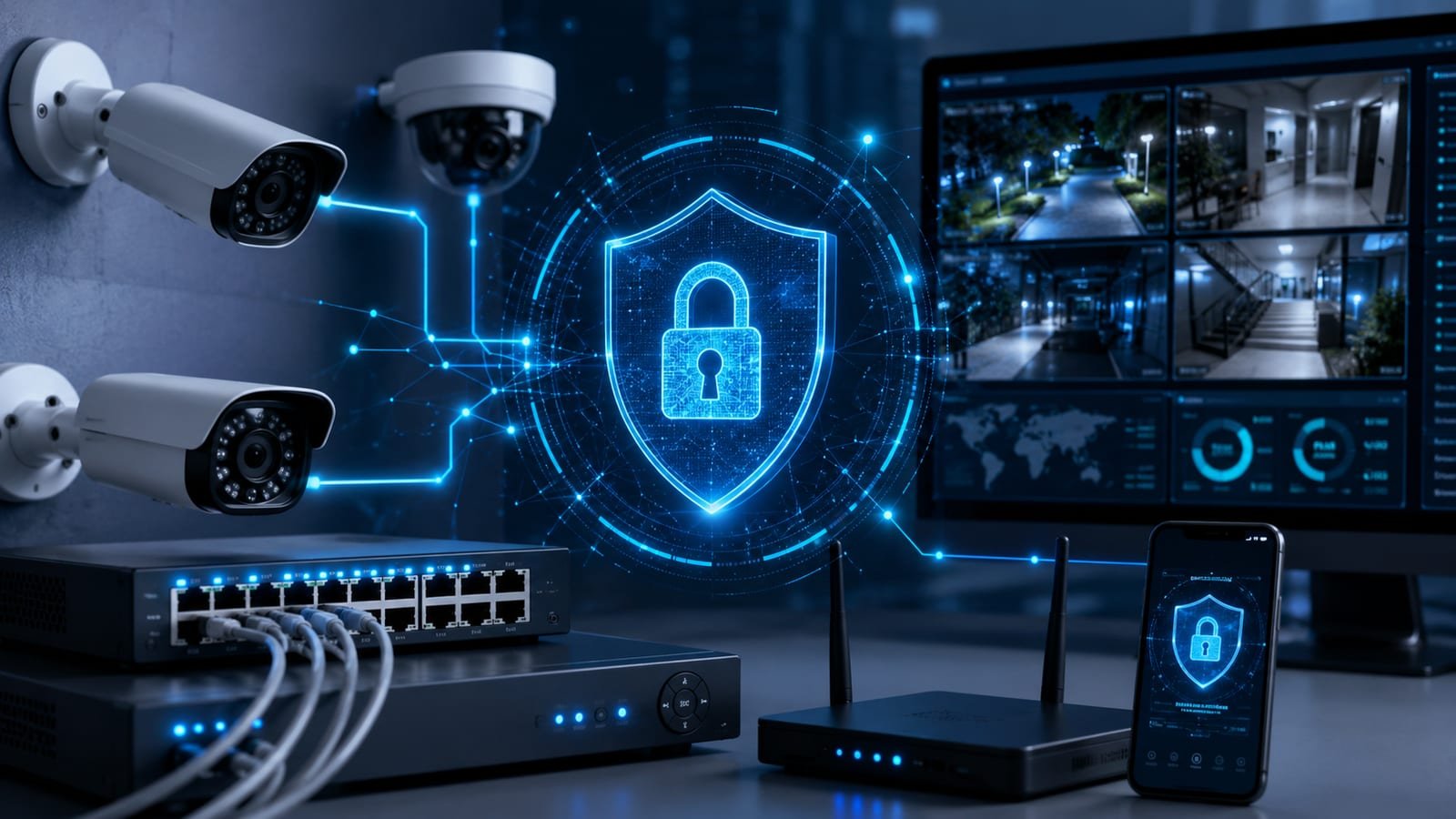 IP CCTV cameras and network devices protected by a digital cybersecurity shield