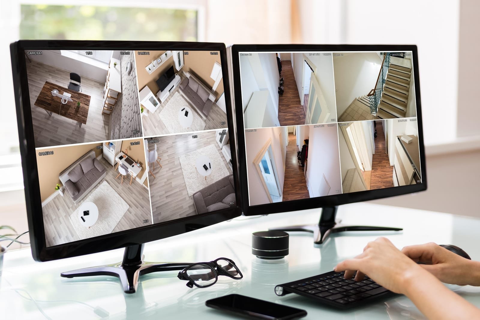 Multiple devices displaying secured CCTV camera feeds