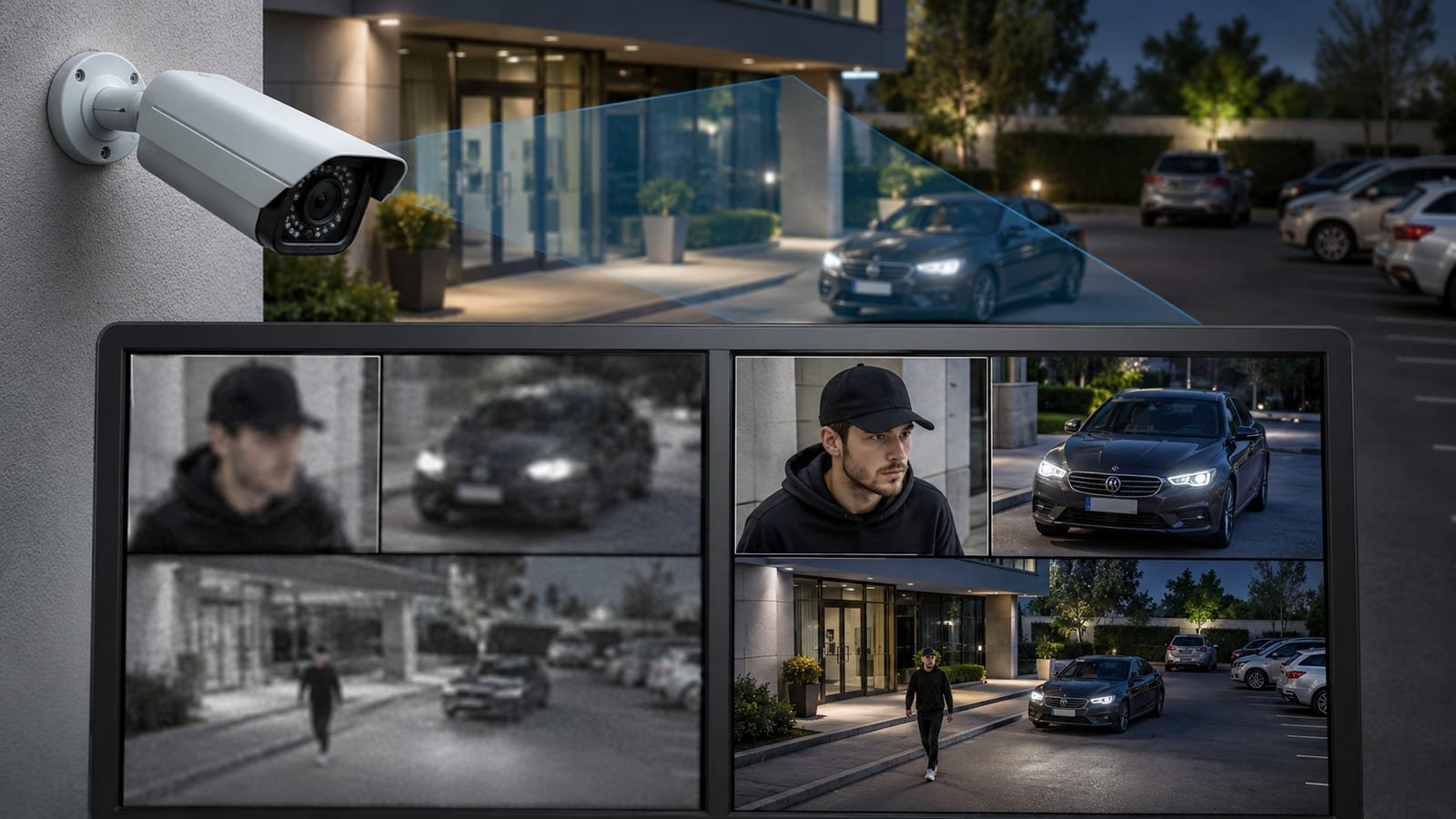Comparison of blurry versus clear CCTV footage showing improved face and vehicle identification