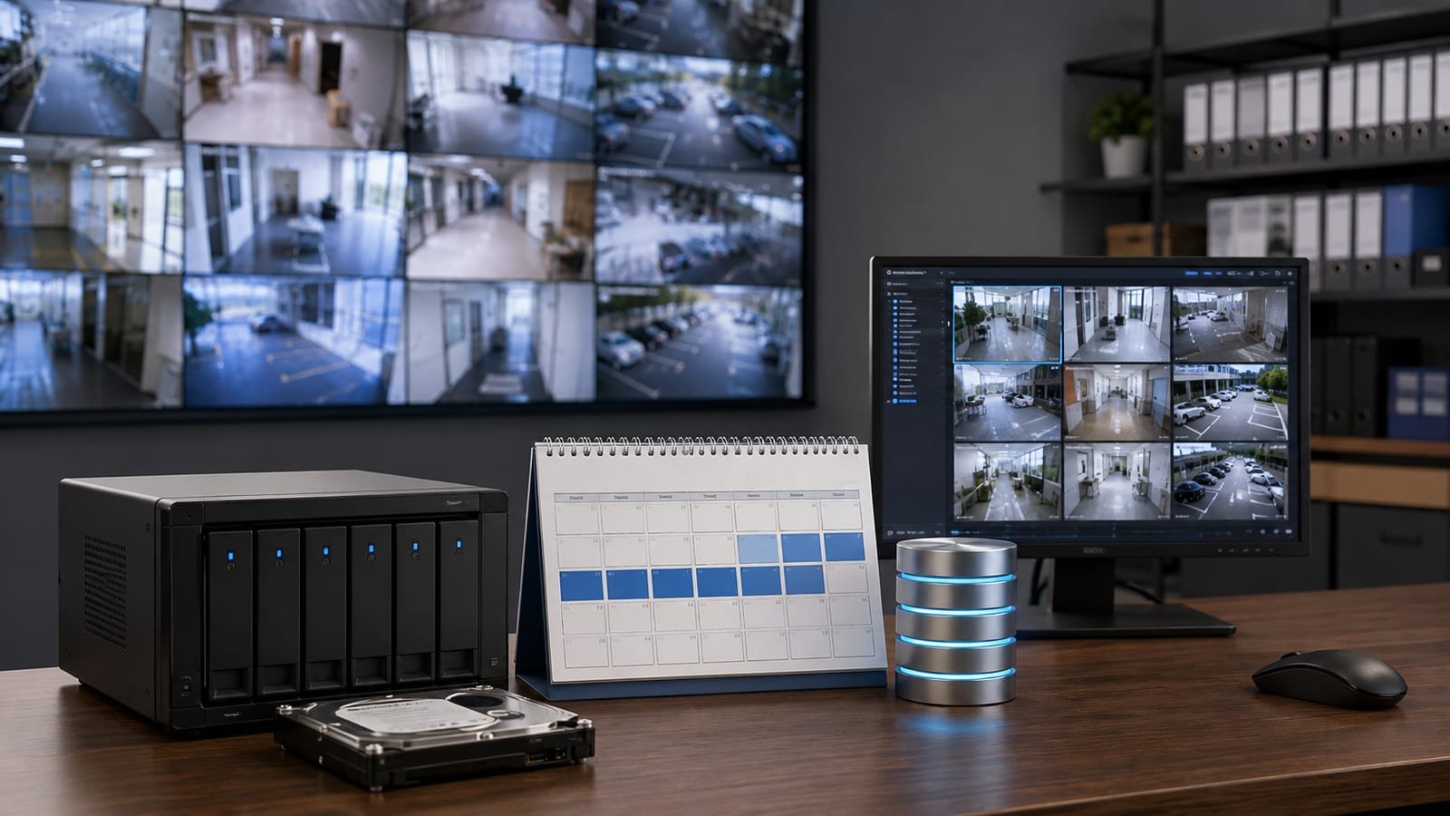 CCTV NVR storage system with hard drives and a recording retention calendar for businesses