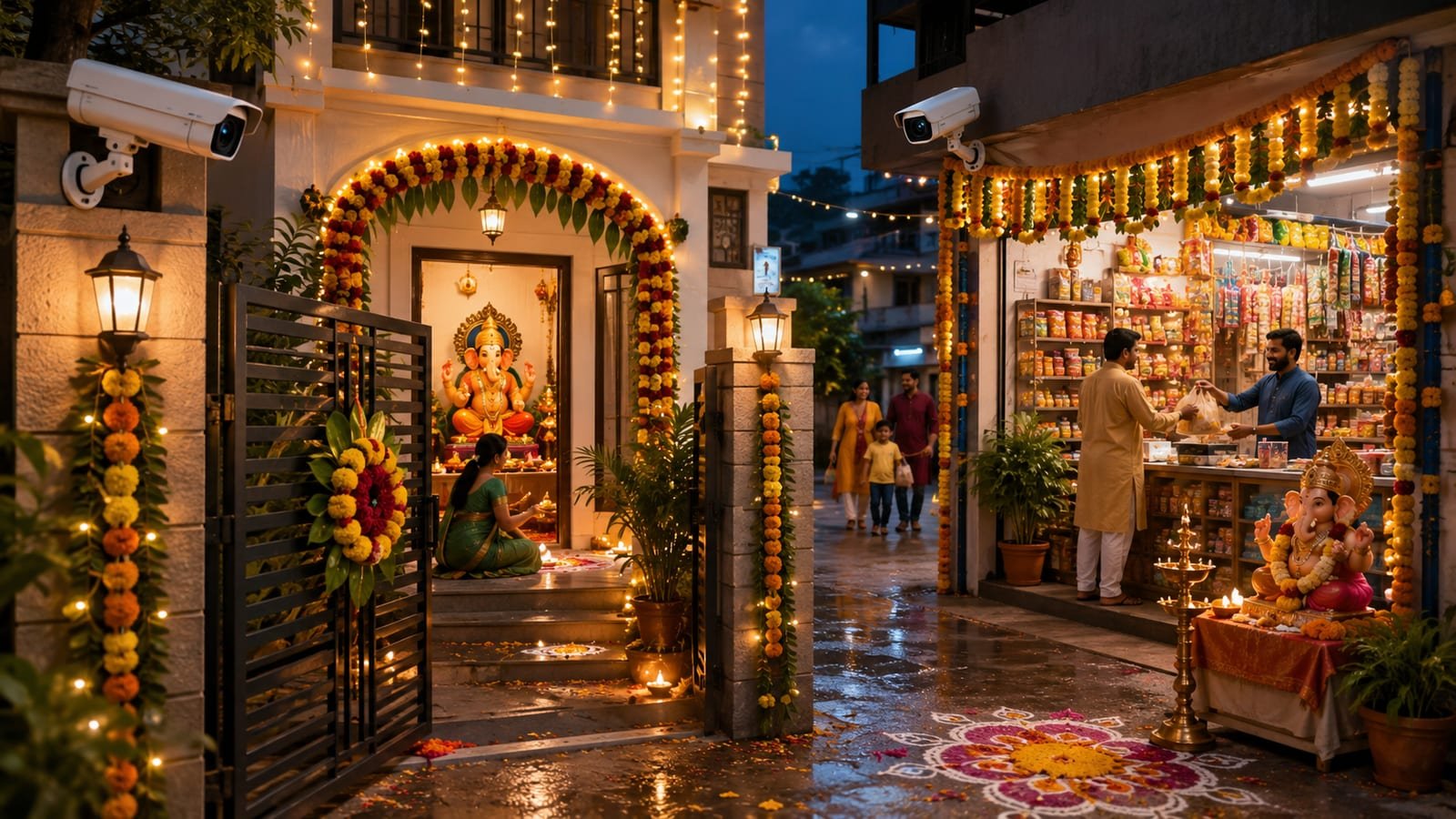 CCTV camera monitoring a decorated Ganpati home shrine and festival shop in Pune during Ganesh Chaturthi