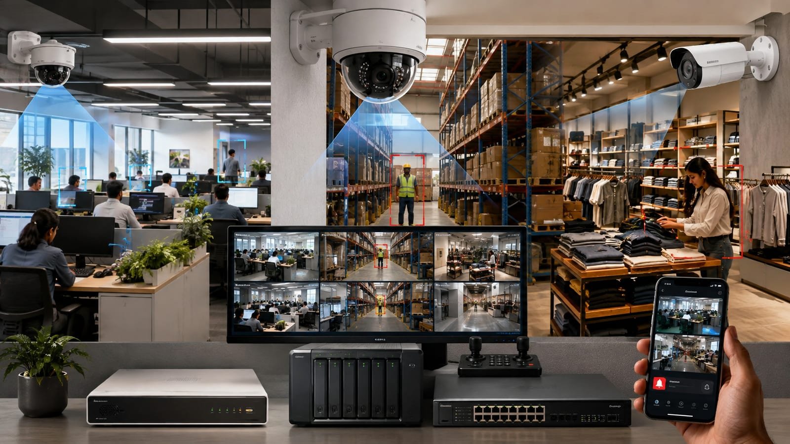 Business CCTV system with AI detection across an office, warehouse and retail store, monitored on mobile