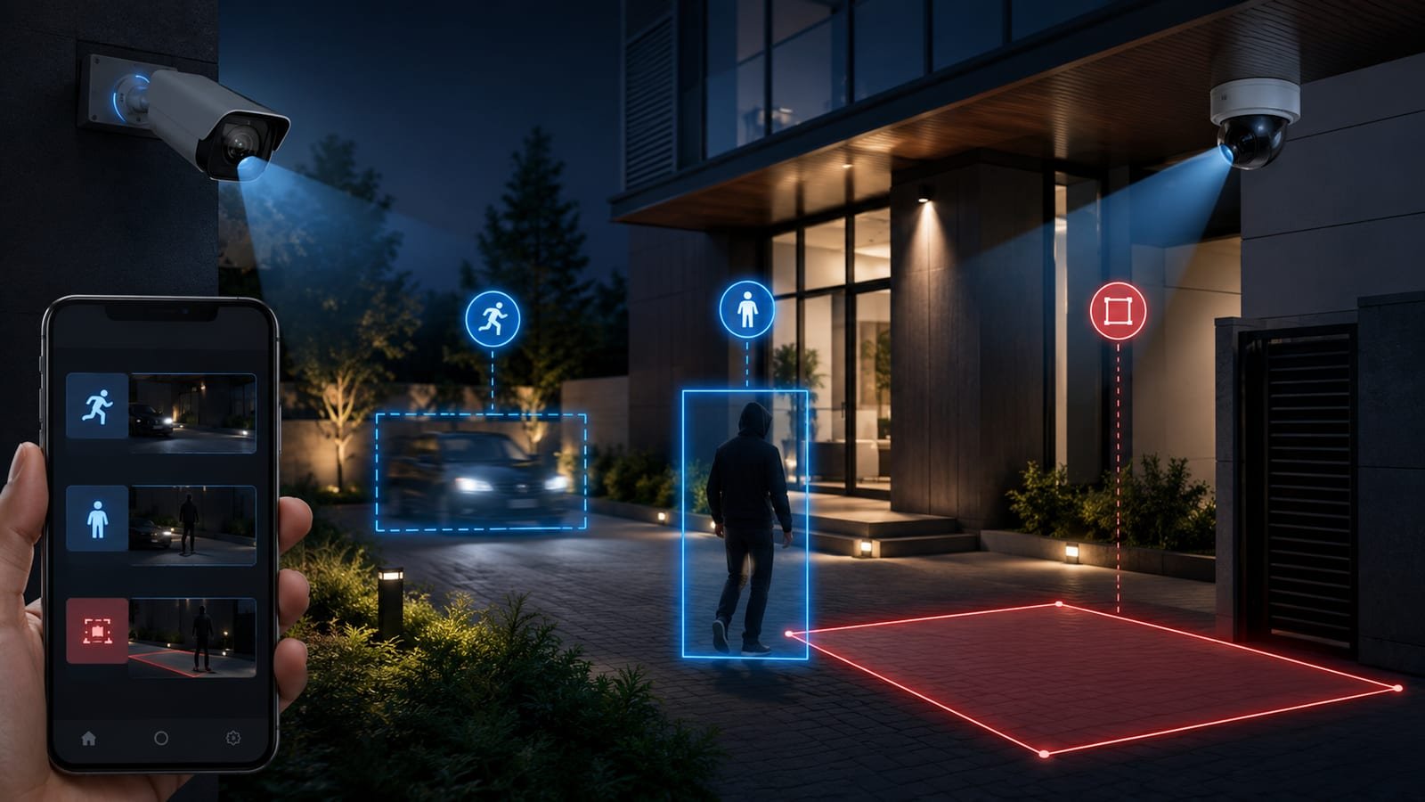 Smart CCTV camera showing motion, human and intrusion-zone alert detection at night